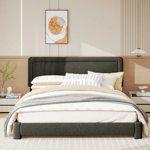 Boucle Bed Frame, Upholstered Cloud Bed Frame, Platform Bed Frame With Headboard, Modern Cream Bed Frame